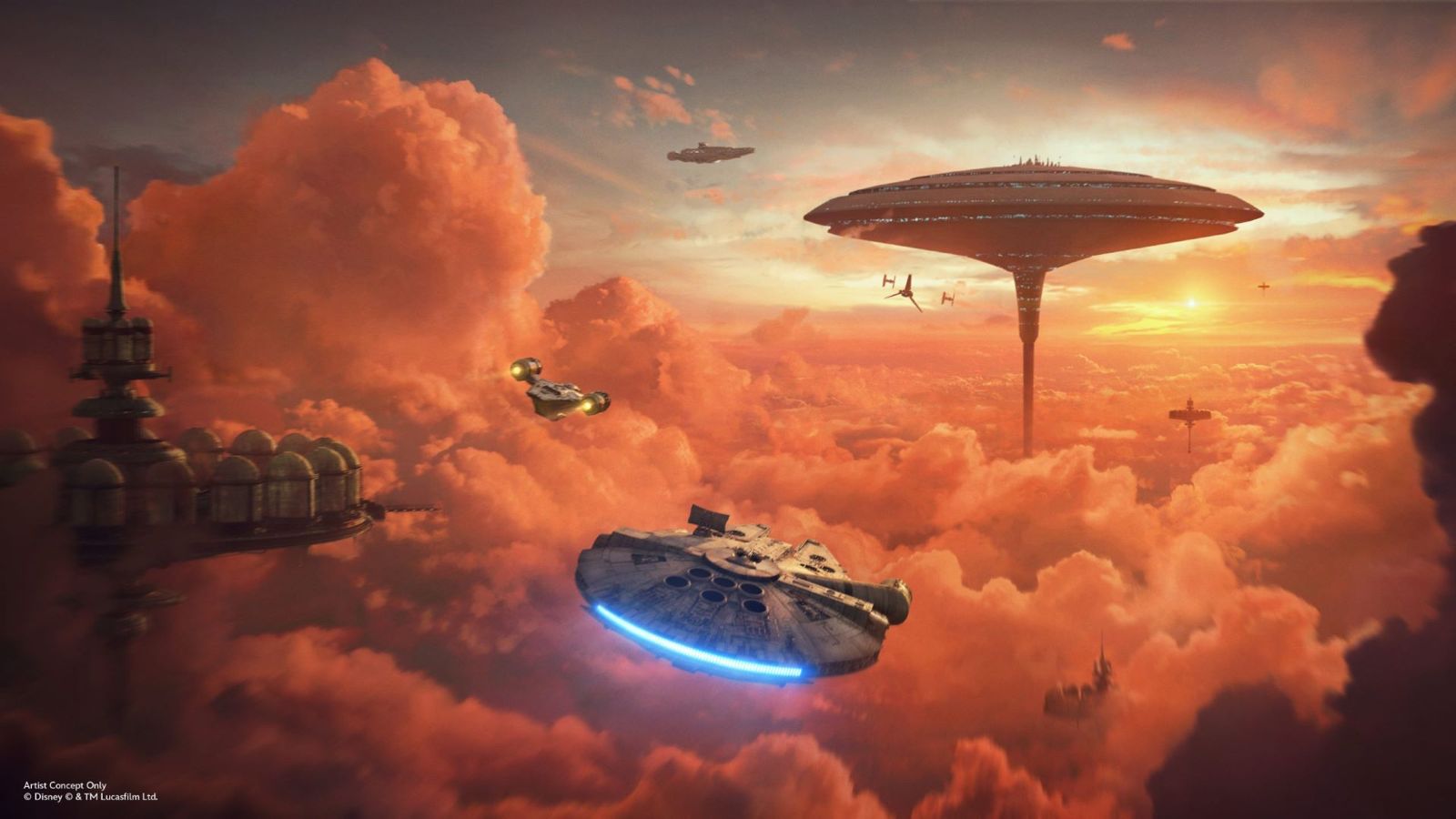 Cena de Star Wars com Millennium Falcon voando entre nuvens ao pôr do sol e estruturas futuristas, referência à atração Smuggler’s Run atualizada com The Mandalorian e Grogu no Disney’s Hollywood Studios em Orlando.