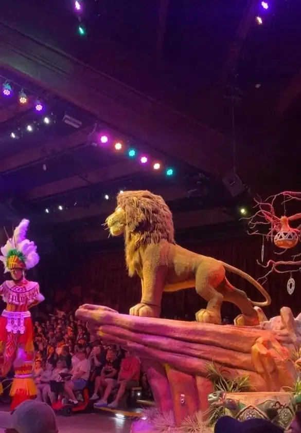 Apresentação Festival of the Lion King no Disney’s Animal Kingdom com Simba no palco