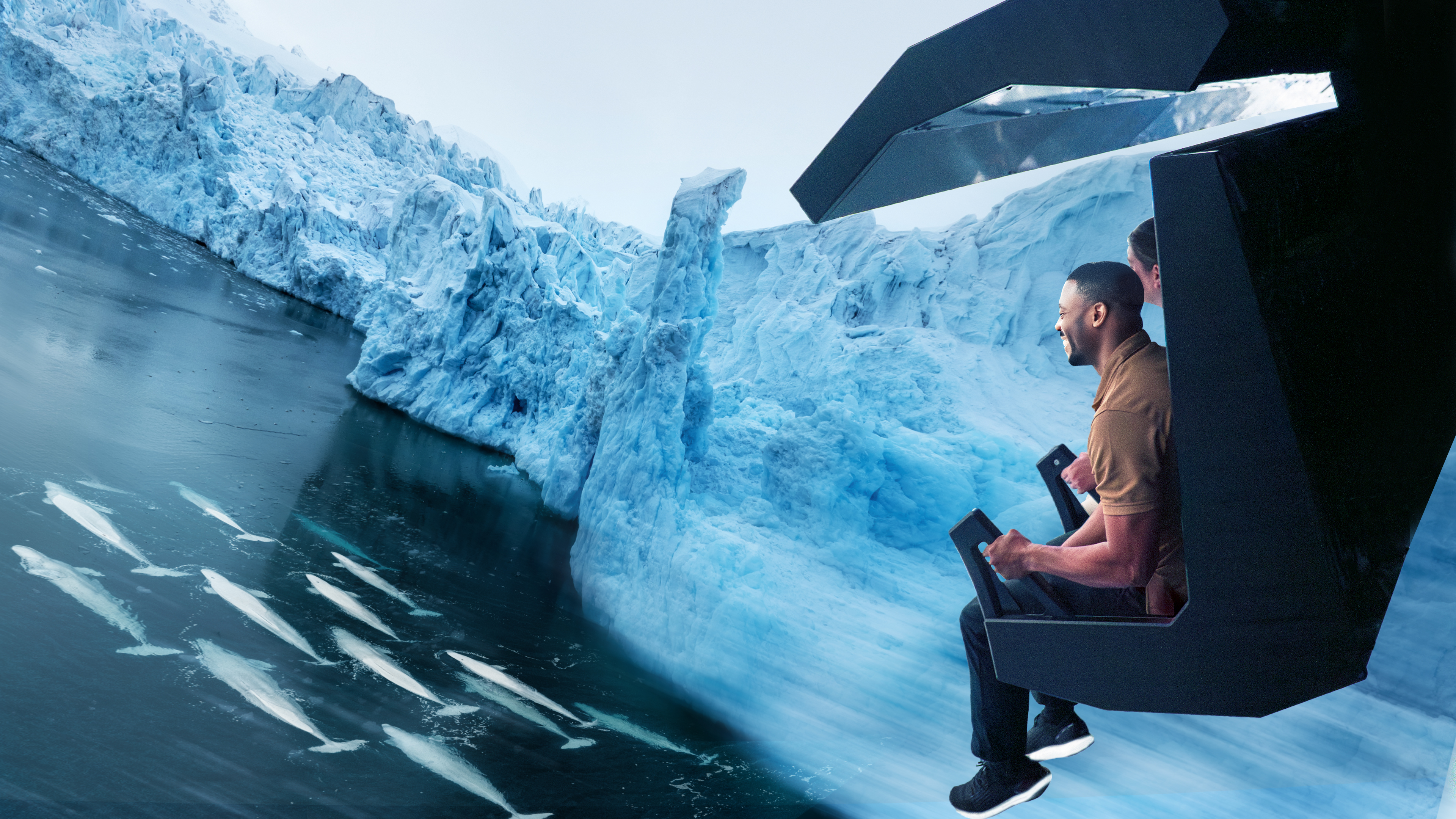 Visitantes na atração Expedition Odyssey no SeaWorld Orlando simulando voo sobre geleiras e baleias no Ártico