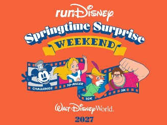 Logo oficial do runDisney Springtime Surprise Weekend 2027 no Walt Disney World, destacando as provas Challenge, 10 Miler, 10K e 5K inspiradas em personagens clássicos da Disney, uma das corridas Disney mais aguardadas do ano.