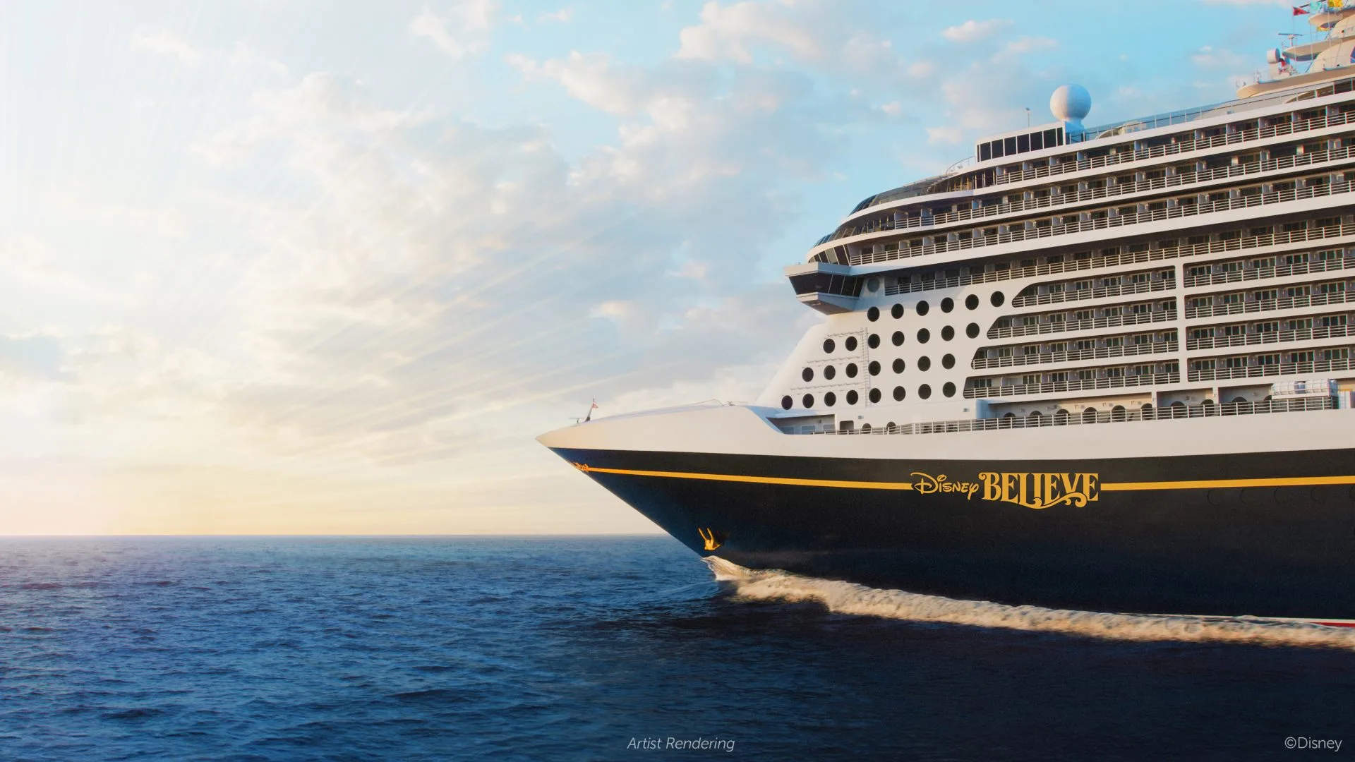 Renderização do Disney Believe navegando em alto mar, futuro navio da Disney Cruise Line com estreia prevista para 2027