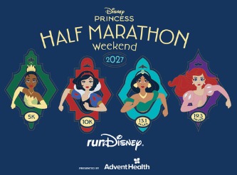 Logo oficial do Disney Princess Half Marathon Weekend 2027 da runDisney, destacando as provas de 5K, 10K, meia maratona e o Fairytale Challenge, uma das mais emocionantes corridas Disney em Orlando.