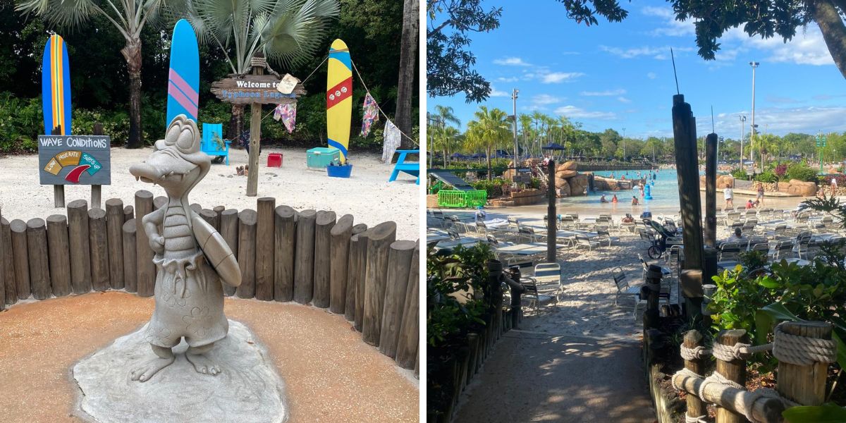 Área temática do parque aquático Disney’s Typhoon Lagoon em Orlando, com decoração tropical e piscina com espreguiçadeiras e visitantes ao redor