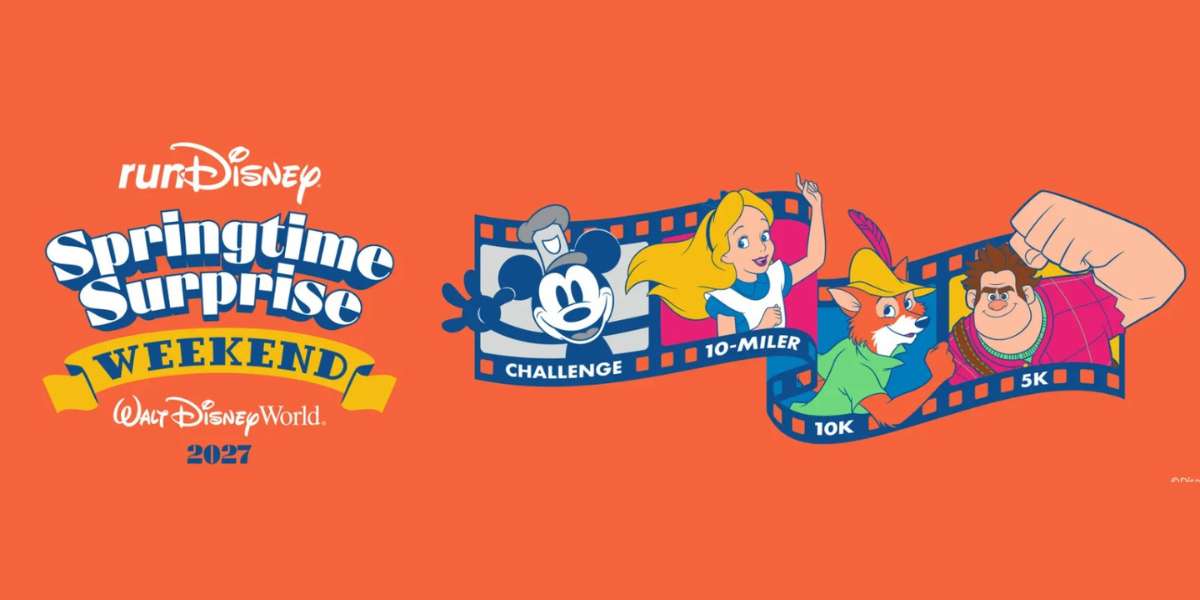 Arte oficial da runDisney Springtime Surprise Weekend 2027 destacando as provas 5K, 10K, 10 Miler e Challenge, inspiradas em Detona Ralph, Robin Hood, Alice no País das Maravilhas e Steamboat Willie