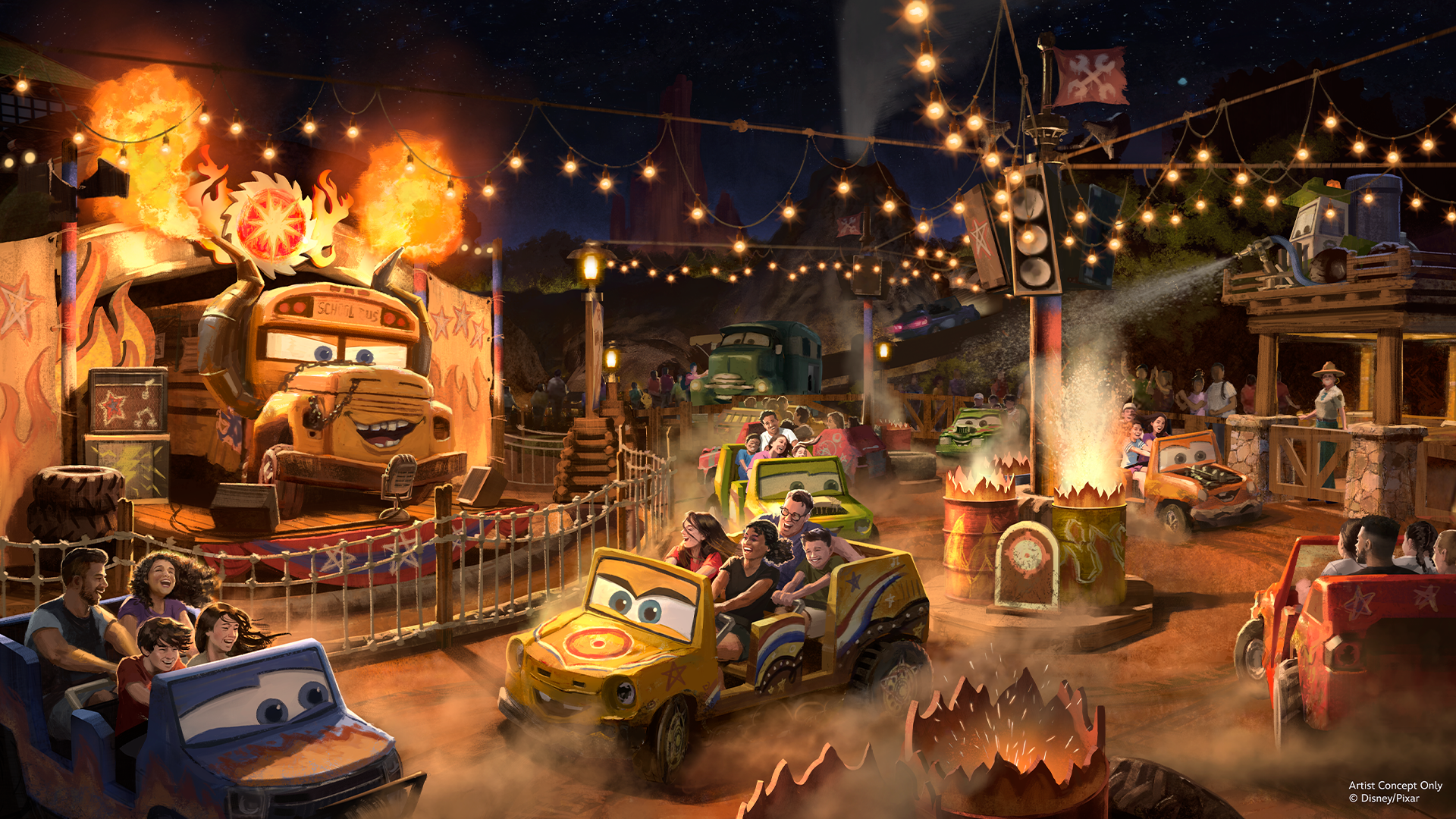 Arte conceitual de Miss Fritter’s Daredevil Spin Along, nova atração de Piston Peak no Magic Kingdom