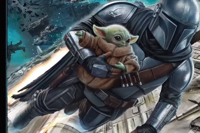 The Mandalorian e Grogu em cena de ação inspirada em Star Wars com ambientação espacial e referência à atração Millennium Falcon no Disney’s Hollywood Studios em Orlando