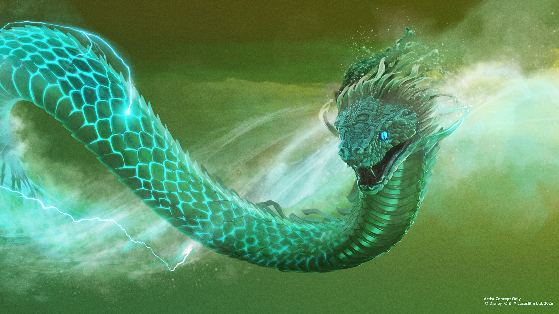 Conceito artístico de Tsukán, criatura em forma de serpente da nova atração de Indiana Jones no Animal Kingdom