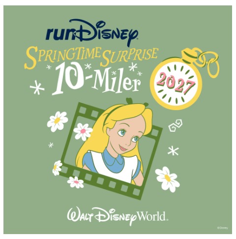 Medalha oficial da Springtime Surprise 10-Miler 2027 da runDisney inspirada em Alice no País das Maravilhas, uma das corridas temáticas do Springtime Surprise Weekend no Walt Disney World Resort.