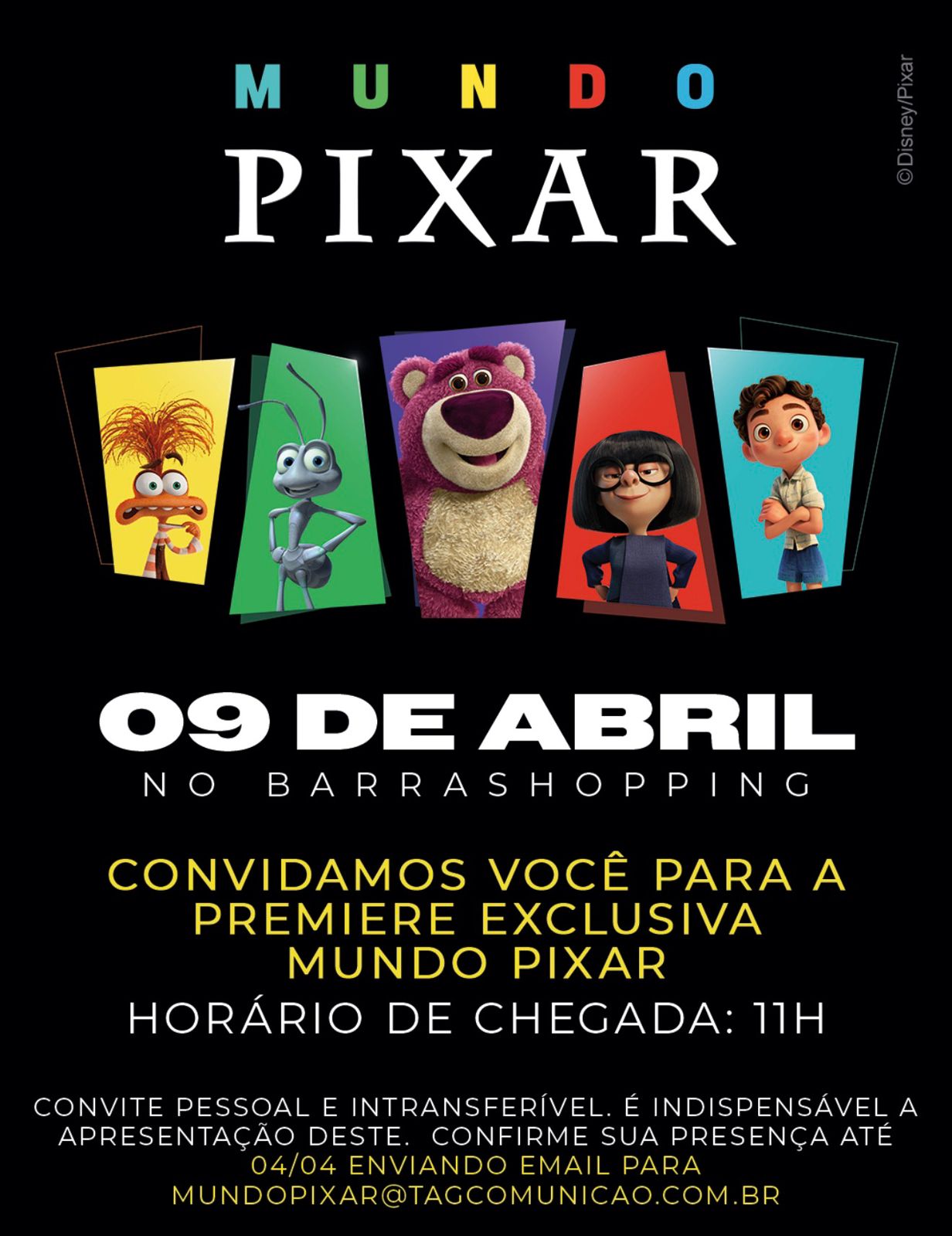 Convite oficial da premiere do Mundo Pixar 2026 no BarraShopping no Rio de Janeiro com personagens da Pixar e data do evento