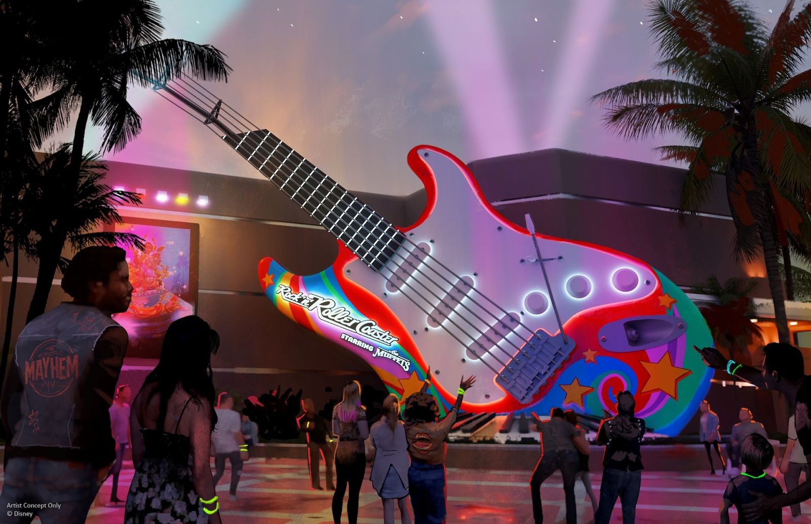 Guitarra gigante iluminada da Rock ‘n’ Roller Coaster no Disney’s Hollywood Studios em Orlando, atração retematizada inspirada nos Muppets