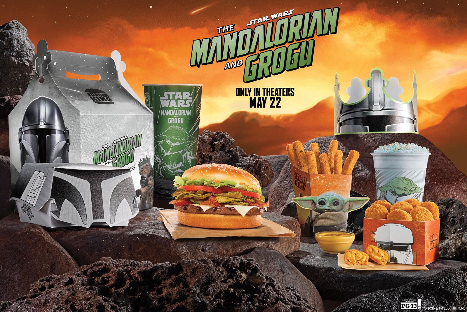Combo temático do Burger King inspirado em The Mandalorian and Grogu com hambúrguer, batatas, nuggets e shake azul do Grogu em embalagem colecionável de Star Wars