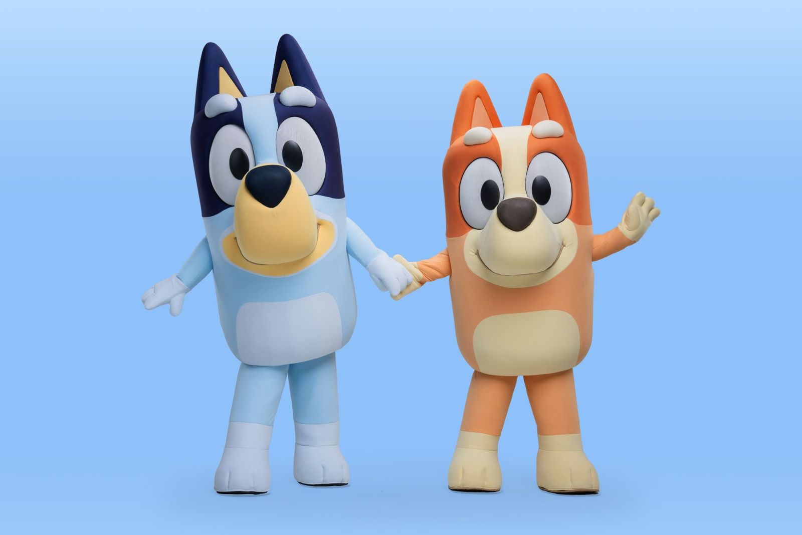 Personagens Bluey e Bingo juntos em fundo azul, da animação infantil Bluey, atração voltada para famílias no Disney’s Animal Kingdom em Orlando.
