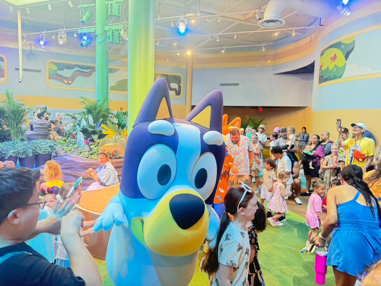Bluey recebe visitantes na atração Bluey’s Wild World, experiência interativa inaugurada no Disney’s Animal Kingdom em Orlando para famílias com crianças.