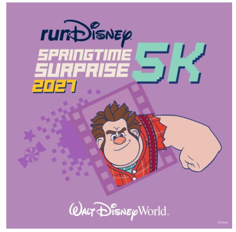 Arte oficial da prova Springtime Surprise 5K 2027 da runDisney, inspirada em Detona Ralph, realizada no Walt Disney World Resort.