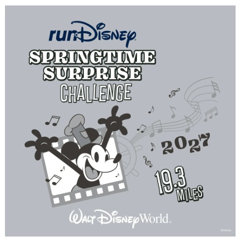 Medalha oficial do Springtime Surprise Challenge 2027 da runDisney, inspirada em Mickey Mouse e Minnie Mouse no clássico Steamboat Willie, concedida aos participantes que completarem as três corridas do evento em Walt Disney World.