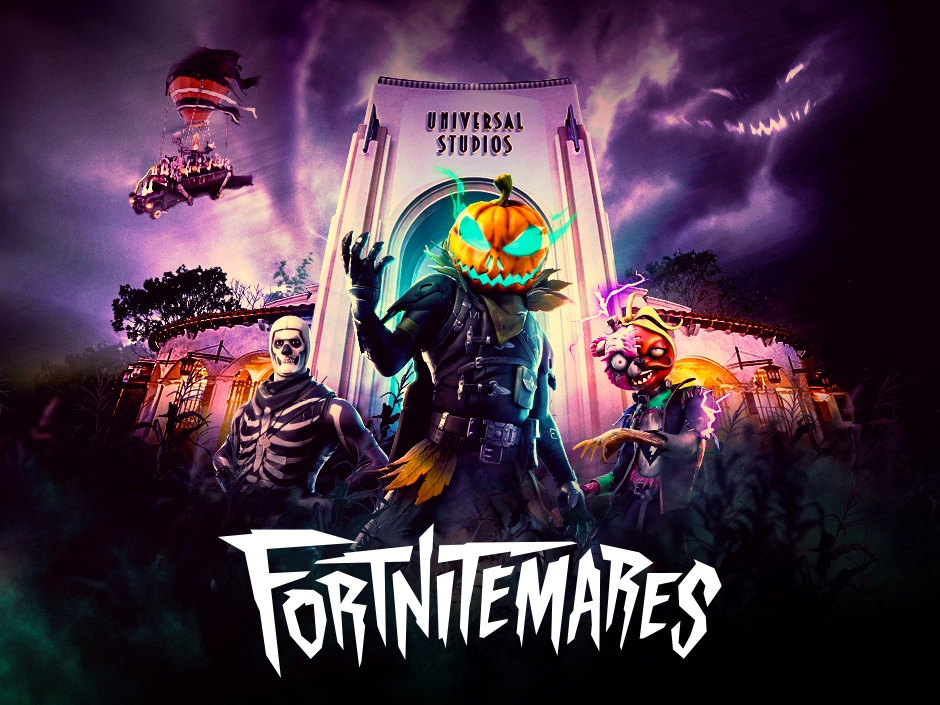 Fortnite no Halloween Horror Nights do Universal Orlando com personagens em cenário temático de Halloween