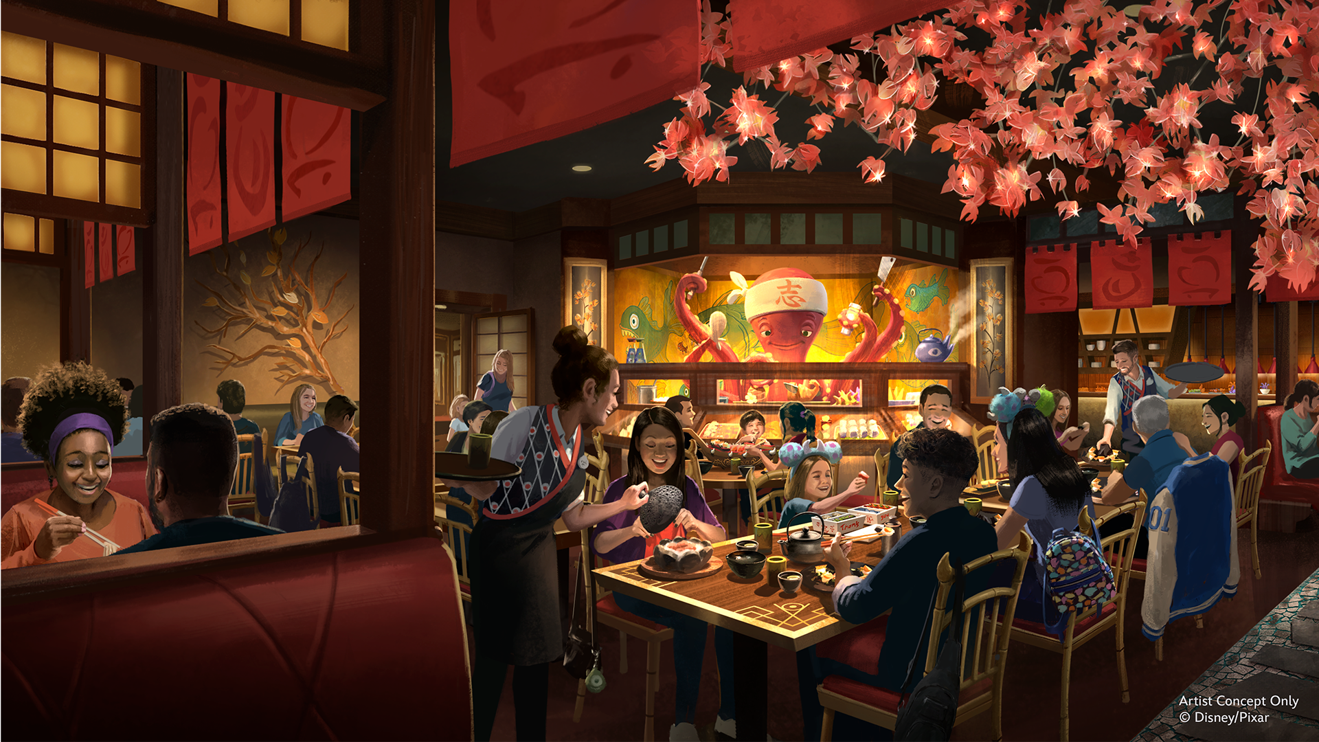 Arte conceitual do interior do Harryhausen’s Restaurant em Monstropolis, com chef monstro preparando sushi diante dos visitantes