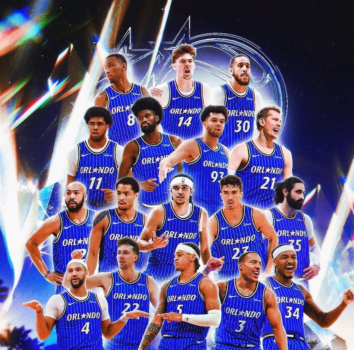 Elenco do Orlando Magic em imagem promocional da equipe da NBA, destacando os principais jogadores da franquia que disputa seus jogos no Kia Center em Orlando