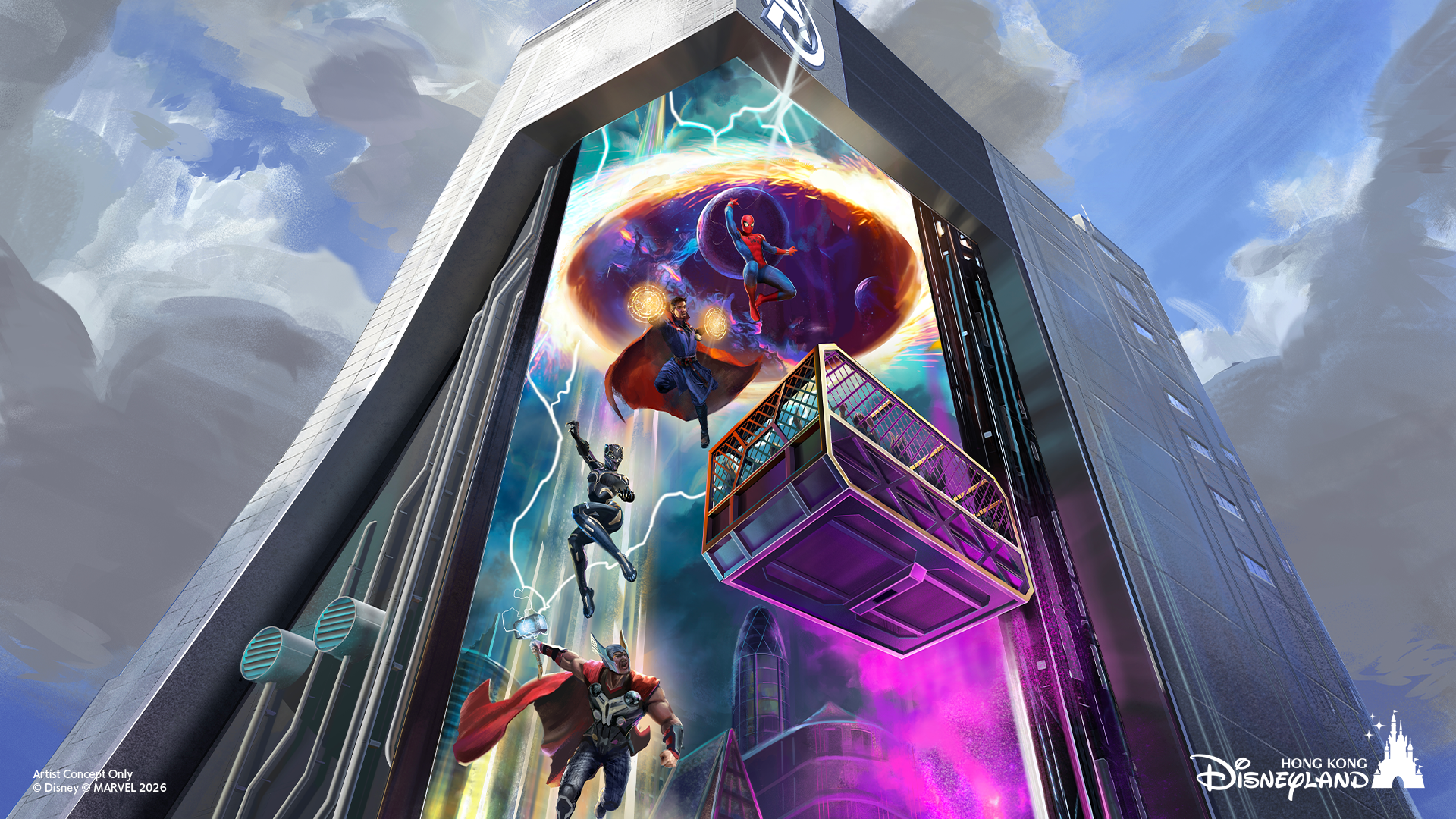 Conceito artístico do novo pavilhão dos Vingadores em Hong Kong Disneyland