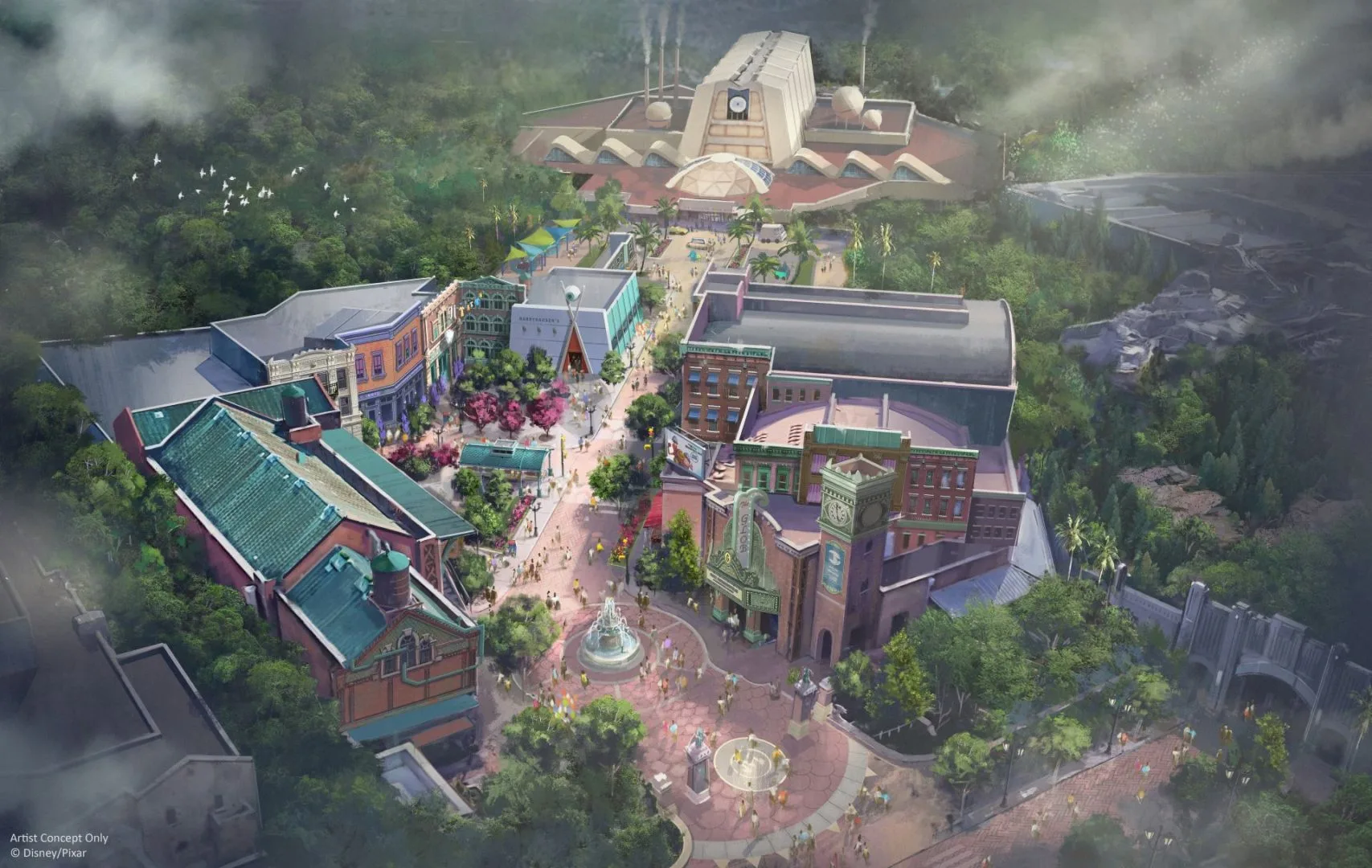 Arte conceitual com visão aérea de Monstropolis, nova área de Monsters, Inc. no Disney’s Hollywood Studios
