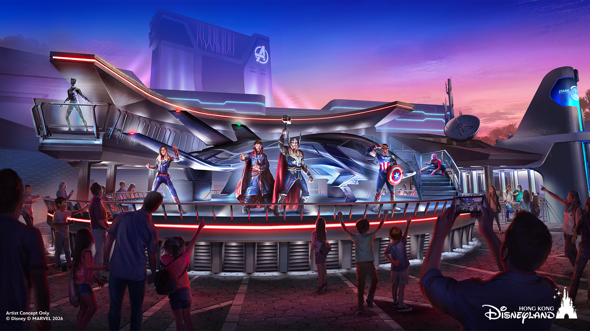 Conceito artístico da plataforma do Quinjet com heróis dos Vingadores em Hong Kong
