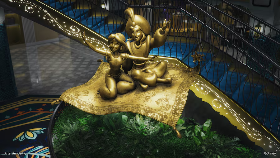 Escultura de Aladdin e Princesa Jasmine sobre o Tapete Mágico no Grand Hall do Disney Treasure