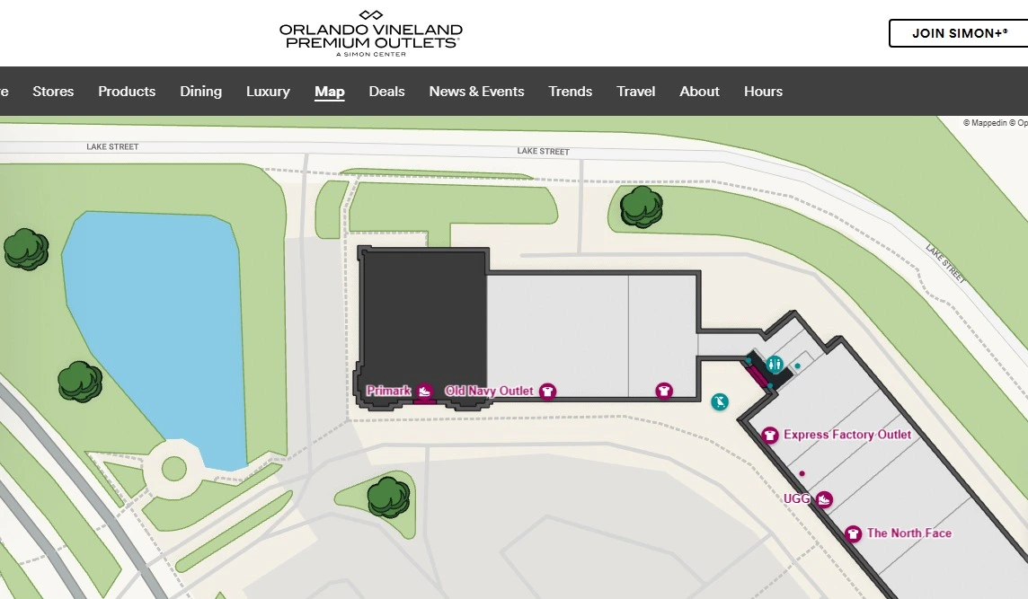 Mapa com a localização da Primark no Orlando Vineland Premium Outlets