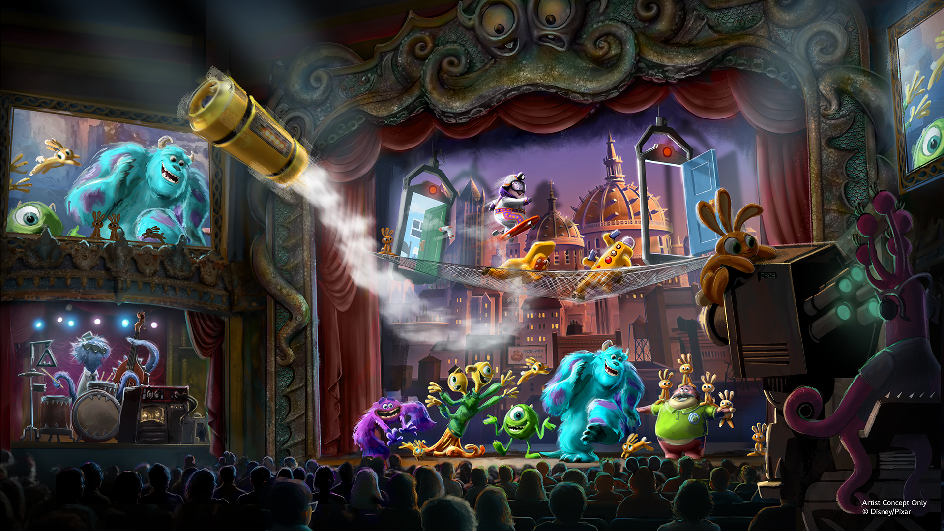 Arte conceitual do Glob Theater em Monstropolis, com Mike Wazowski, Sulley e outros monstros no palco.