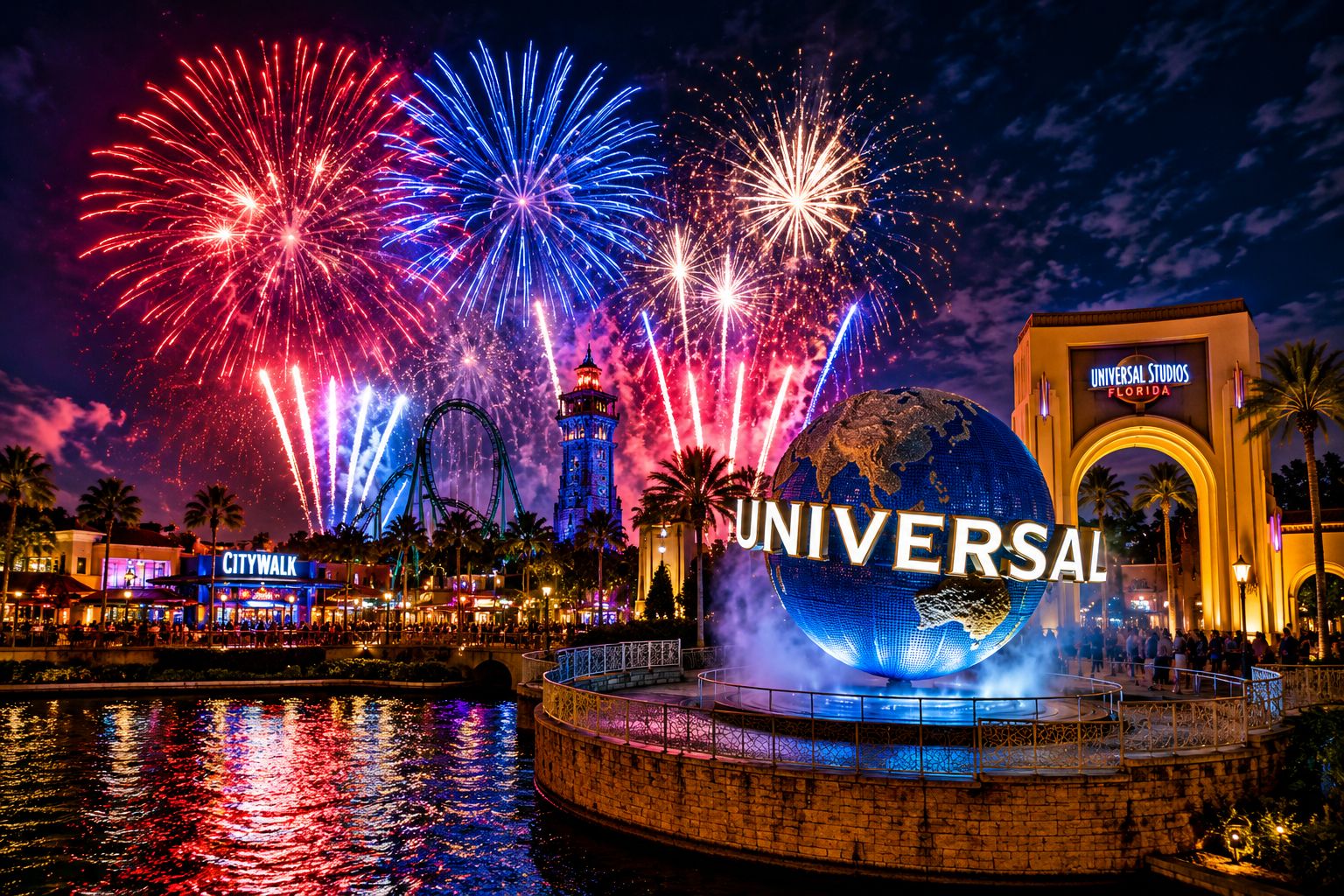 Fogos de artifício nas cores vermelho, branco e azul iluminam a Universal Orlando durante as comemorações do 4 de julho