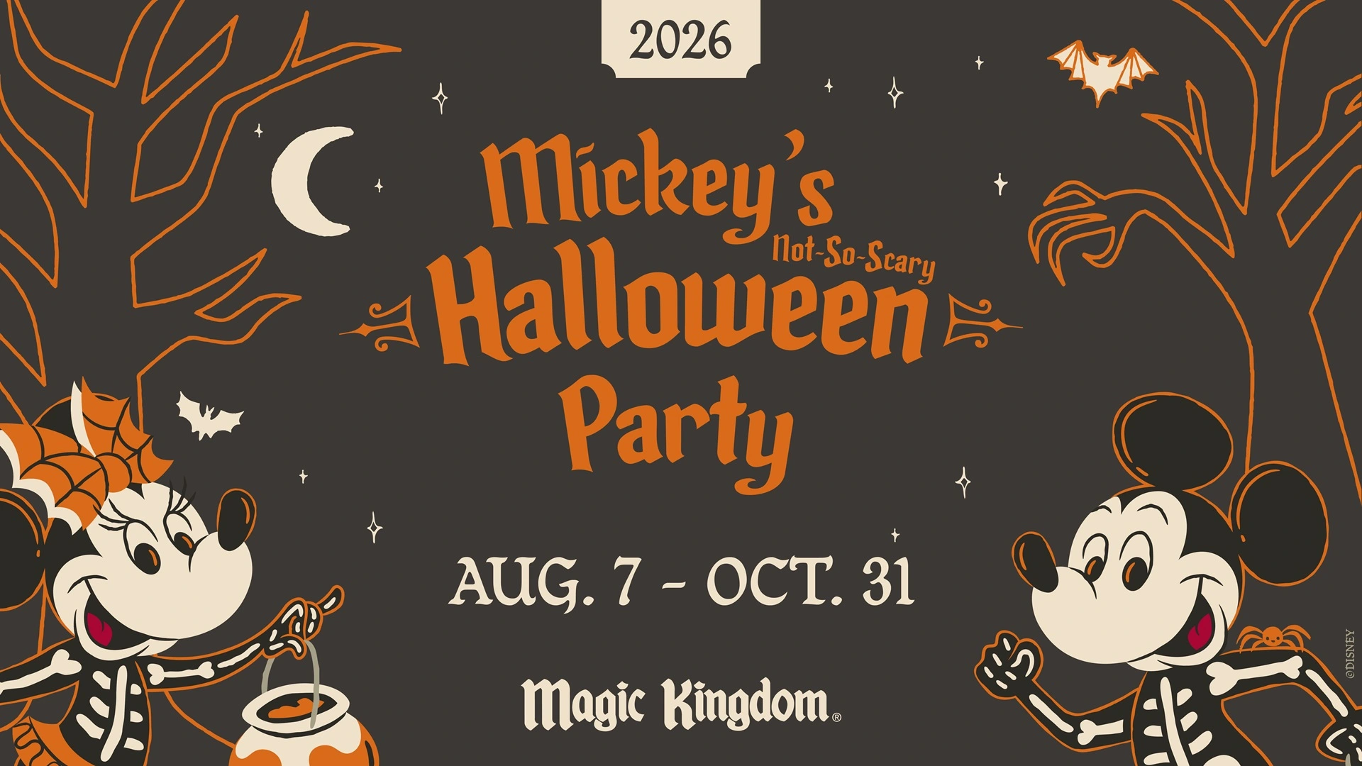 Mickey e Minnie em arte da Mickey’s Not So Scary Halloween Party 2026 no Magic Kingdom