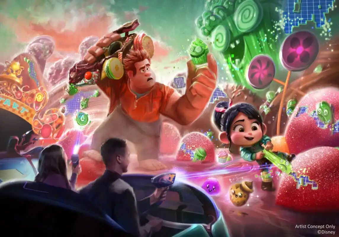 Conceito artístico de Sugar Rush: Sweet Rescue no Tokyo Disneyland, com Ralph e Vanellope