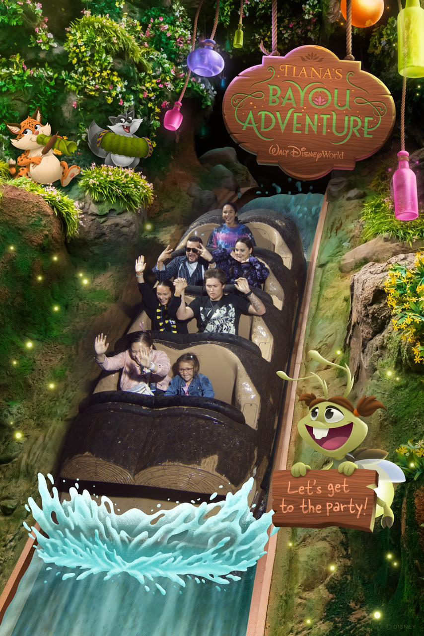 Detalhes da atração Tiana’s Bayou Adventure no Magic Kingdom em Orlando, incluindo cenário interno e momento da descida no carrinho