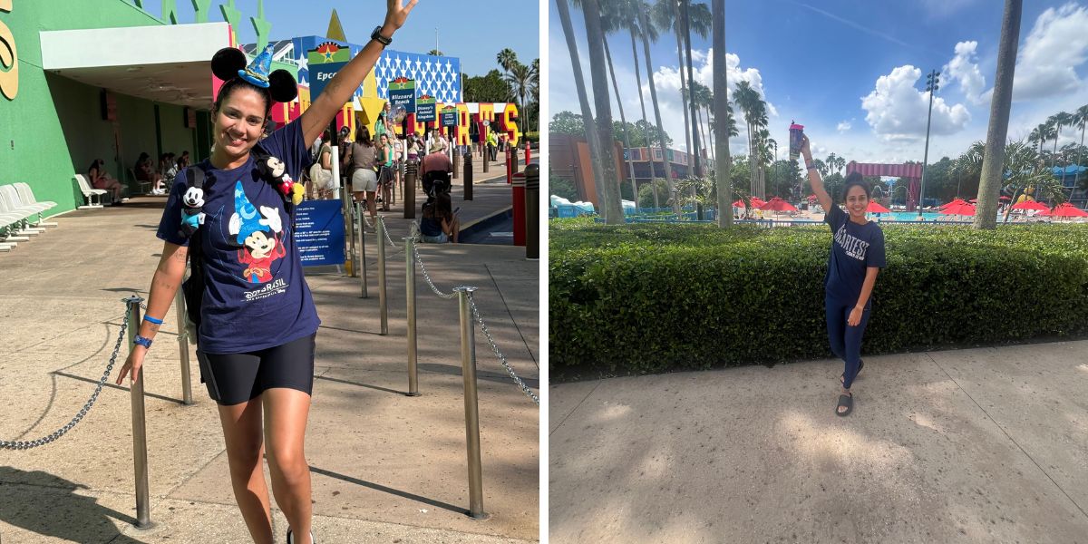 Visitante em hotéis econômicos da Disney em Orlando, com ambiente colorido e área externa com piscina e palmeiras, típicos dos resorts All-Star no Walt Disney World