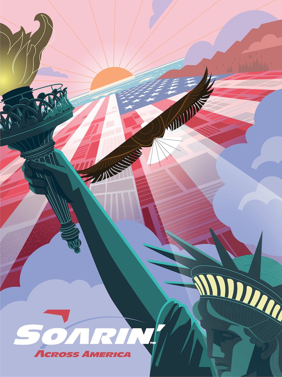 Arte oficial do Soarin’ Across America com Estátua da Liberdade e águia americana celebrando a nova versão da atração do EPCOT em 2026