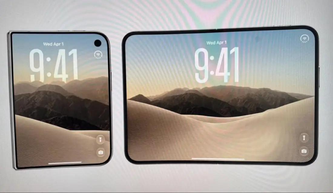 iPhone Duo dobrável mostrado fechado e aberto com a tela interna expandida