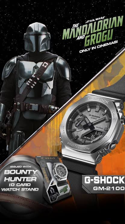 Relógio G-Shock edição especial Star Wars inspirado em The Mandalorian com design robusto ao lado do personagem em campanha promocional de 2026