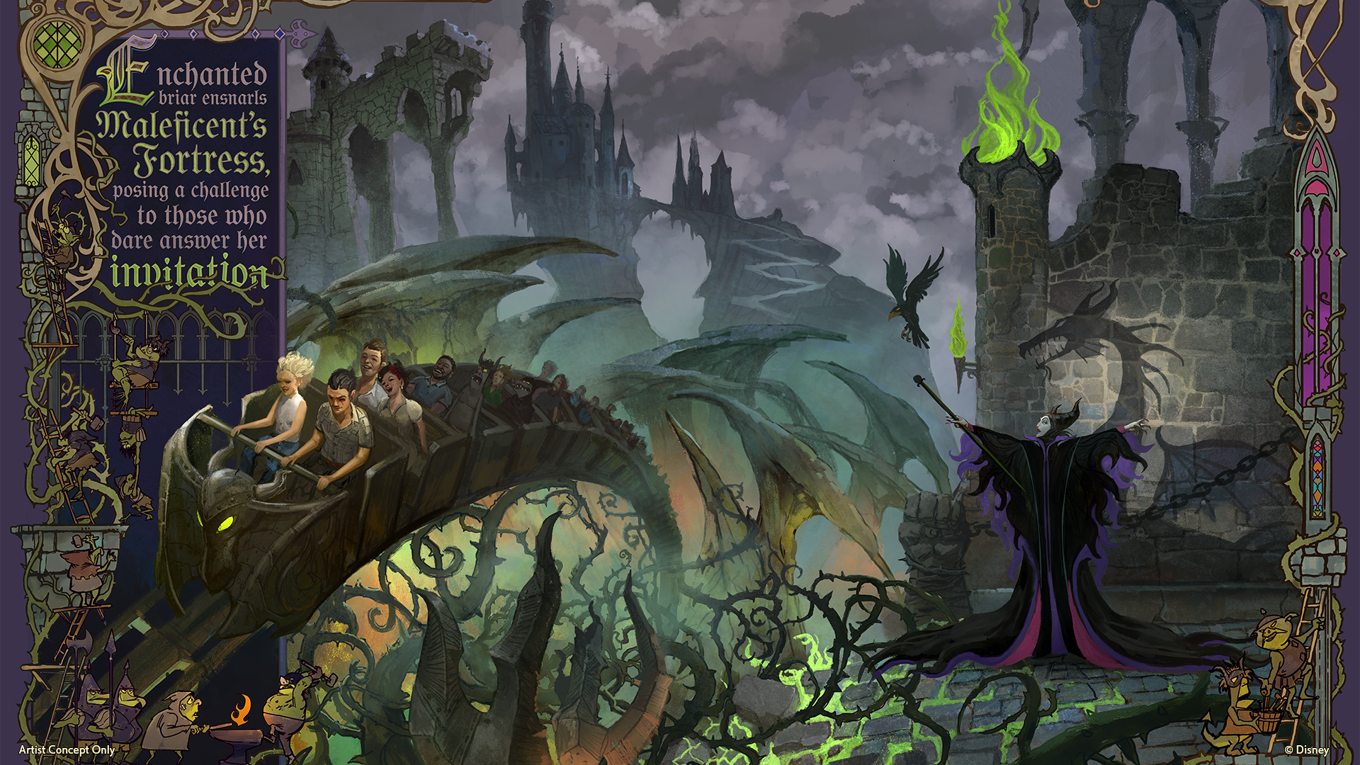 Arte conceitual da montanha russa de Malévola em Villains Land no Magic Kingdom