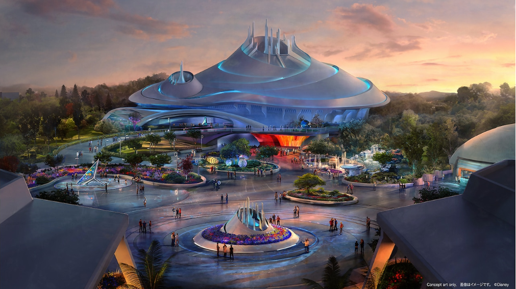 Conceito artístico da nova Space Mountain: Earthrise e da área de Tomorrowland no Tokyo Disneyland