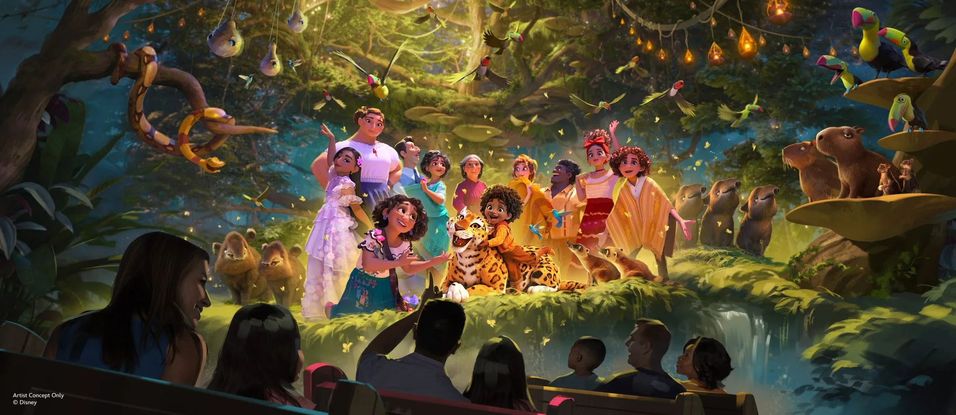 Conceito artístico de Antonio’s Fiesta de Encanto com a família Madrigal e animais dentro da nova atração do Animal Kingdom