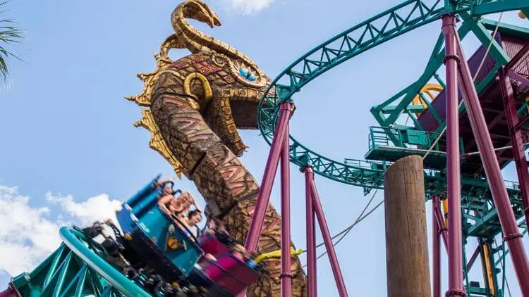 Montanha russa Cobra's Curse no Busch Gardens Tampa Bay com carrinho em movimento passando pela grande estátua de uma cobra gigante, uma das atrações mais conhecidas do parque