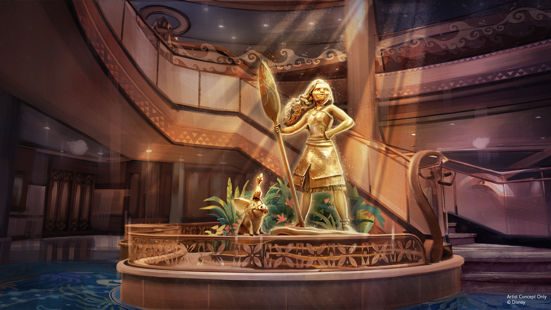 Conceito artístico do Grand Hall do Disney Believe com estátua de Moana e Pua