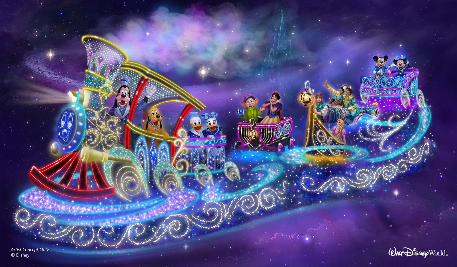 Ilustração da Disney Starlight com carros alegóricos iluminados e personagens Disney durante a parada noturna do Magic Kingdom