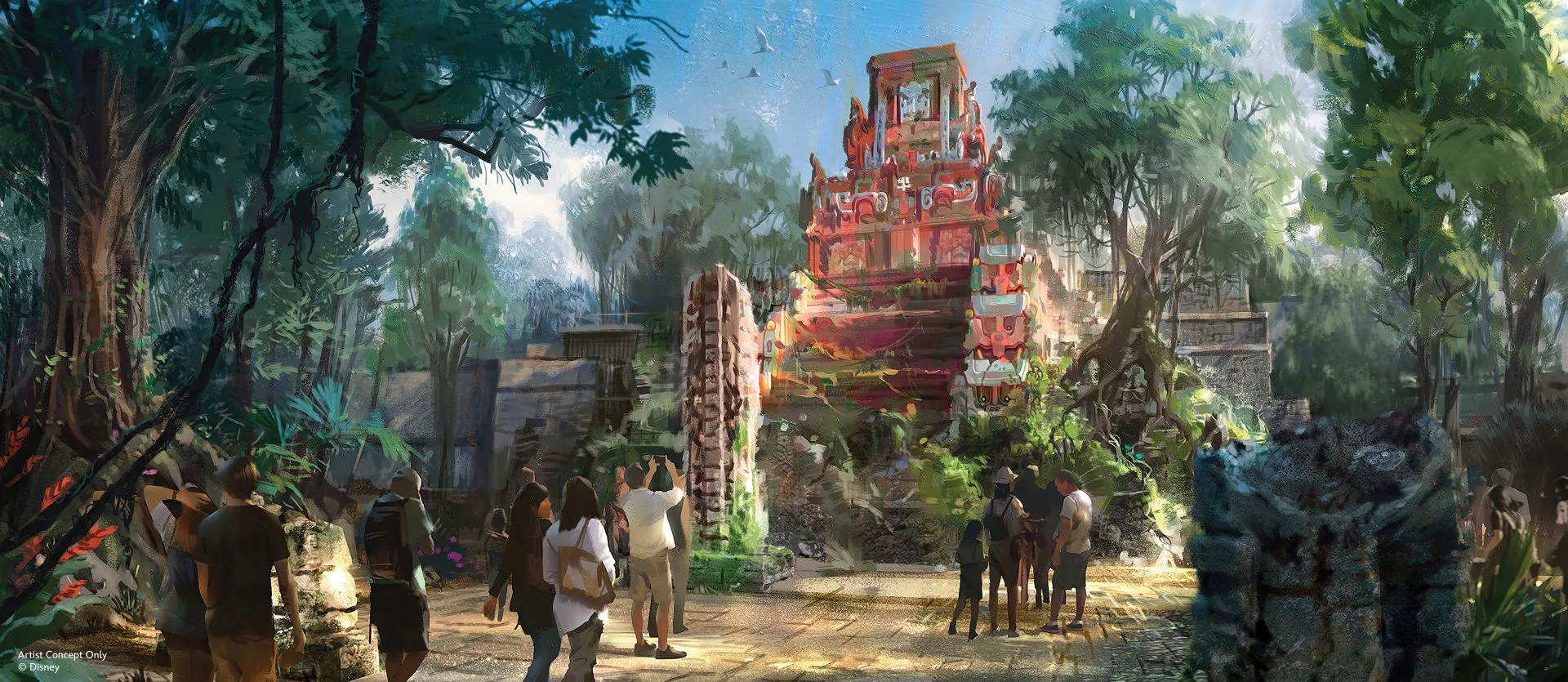 Conceito artístico da entrada de Indiana Jones and the Myth of the Jade Serpent em Tropical Americas no Animal Kingdom