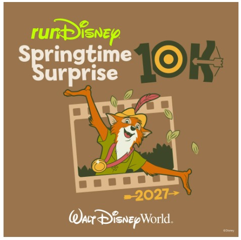 Medalha oficial da Springtime Surprise 10K 2027 da runDisney inspirada em Robin Hood, personagem clássico da Disney que será o anfitrião da corrida de 10 quilômetros durante o Springtime Surprise Weekend em Walt Disney World.