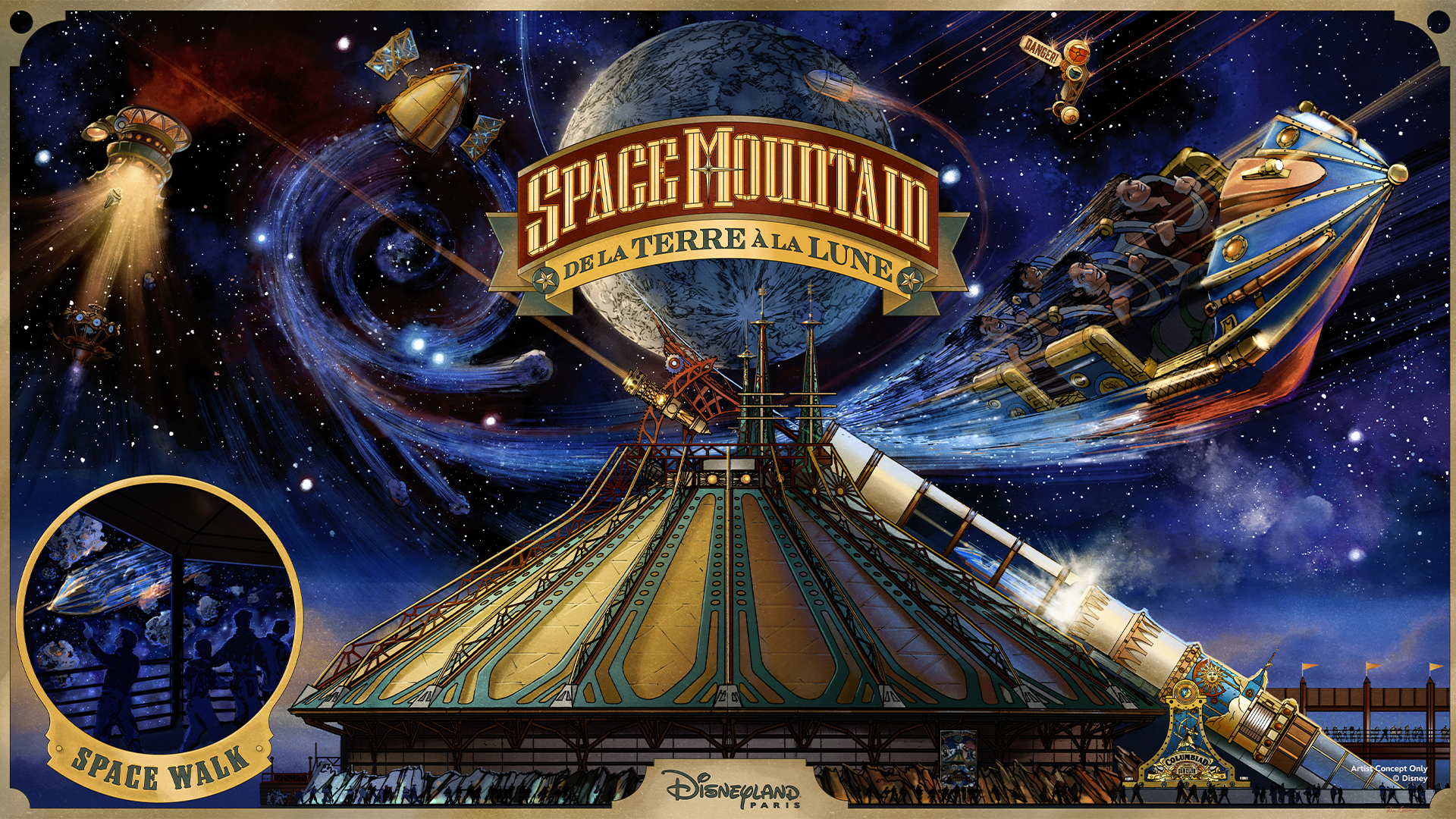 Conceito artístico de Space Mountain: De la Terre à la Lune na Disneyland Paris