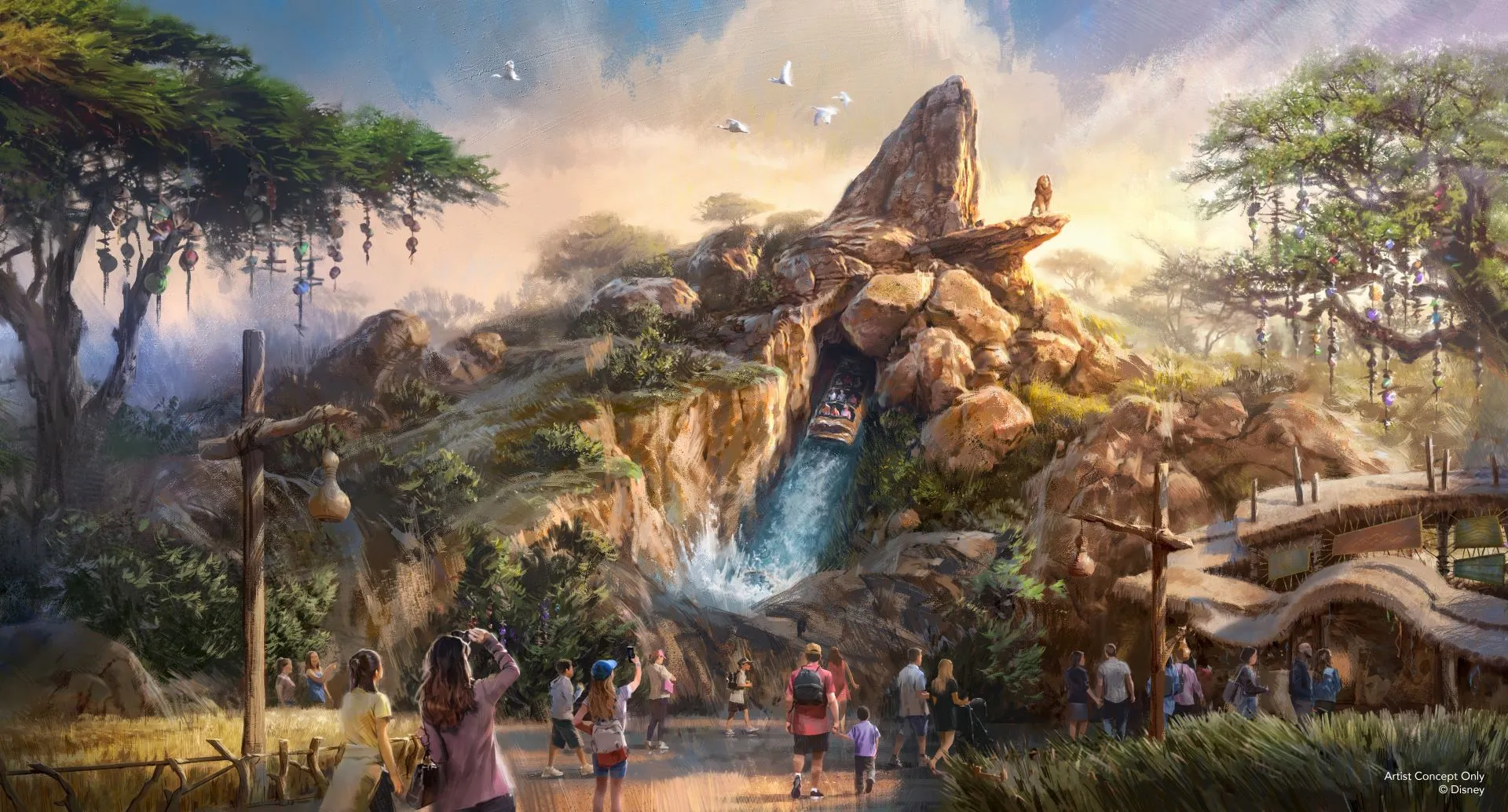 Conceito artístico da nova área de O Rei Leão na Disneyland Paris, com a Pedra do Rei e a atração aquática