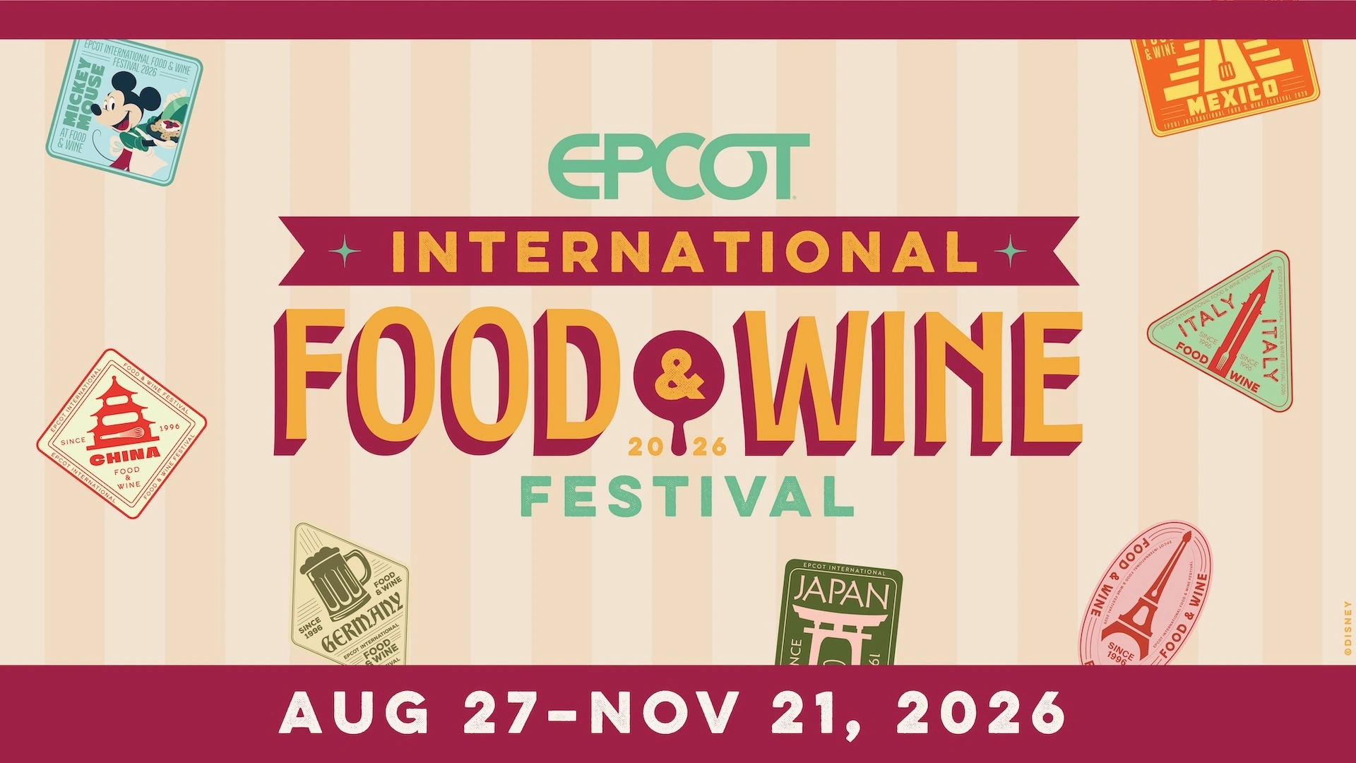 Arte oficial do EPCOT International Food & Wine Festival 2026, realizado de 27 de agosto a 21 de novembro
